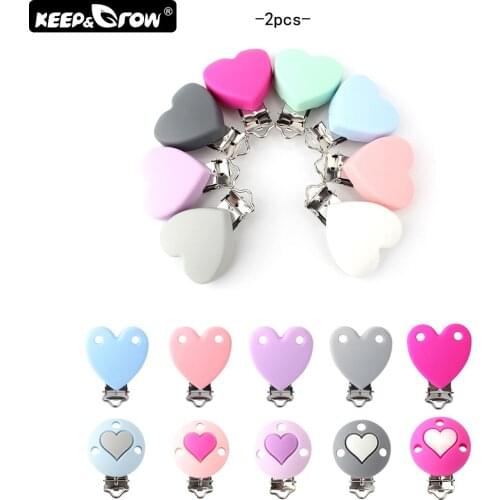 Keep&Grow 2Pcs Heart Shape Silicone Pacifier Clips Holder Stainless Nipple Clasps Silicone Beads For Teething Necklace DIY Tool