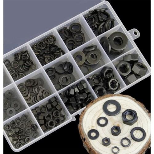 231 pcs Metric Thread M4 M5 M6 M8 M10 Black Grade 8 Carbon Steel Hex Nut Hexagonal Nut Screw Nut Flat Washers Spring Washers