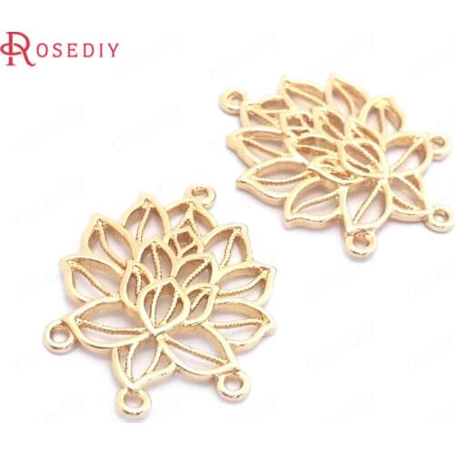 39591)10PCS 18.5x24.5MM 24K Gold Color Brass 4 Holes Hollow Lotus Connect Charms Pendants Jewelry Making Supplies Diy Findings