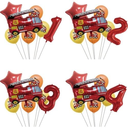 7PCS Cartoon Balloon Fire Truck Car Aluminum Foil Balloon Number Childrens Toy Balloon Gift Birthday Party Decoration Kids S2