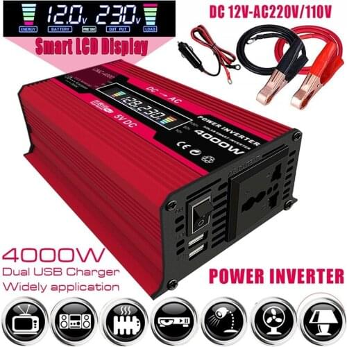 Car Power Inverter Peak 4000W 12V to 110V 220V with LED Display Dual USB Adapter Voltage Transformer Modified Sine Wave
