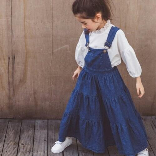 Kids Girls Denim Skirts Suits Long Sleeve White Tops Korean Style 8 10 years Clothes