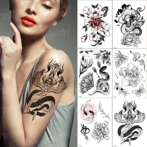 Sketches tattoo designs snake black tree leaves tattoo sticker flower 6pcs/pack temporary tattoos waterproof for women girls set