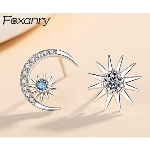 Foxanry 925 Sterling Silver Sparkling Moon Stars Zircon Stud Earrings for Women Trendy Elegant Wedding Party Jewelry Gifts