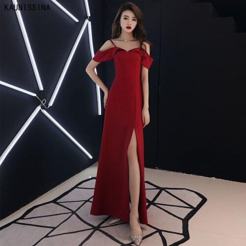 KAUNISSINA Evening Gown Party Dress Women Long High Split Sexy Evening Dresses Ladies Cold-Shoulder Wine Red Formal Prom Vestido