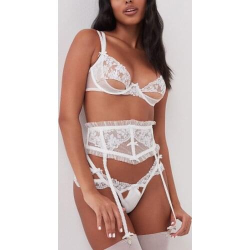 3pcs Women Push Up Bra Floral Embroidery Lingerie Underwear Set with Garters Wedding White Bra + Panties Sets G-Strings Thongs