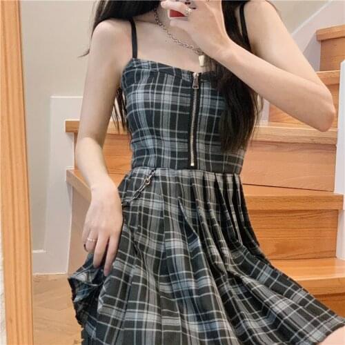 Korean Style 2020 Summer New Retro Plaid High Waist Slimming A- line Zipper Pleated Suspender Dress for Women lolita dress