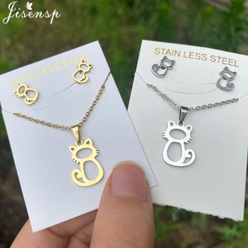 Lovely Cat Animal Stainless Steel Jewelry Set Hollow Kitten Pendant Necklace Earrings for Women Girls Birthday Gift Wholesale