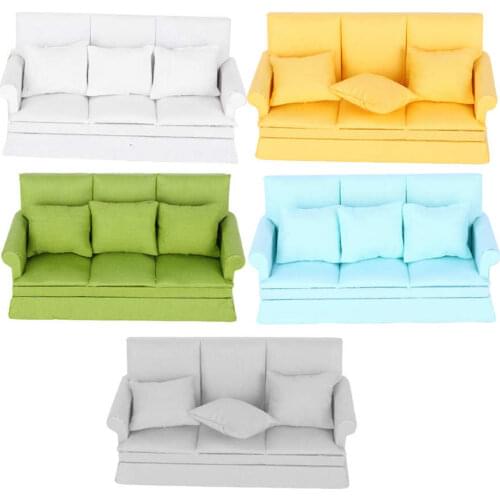 1:12 Mini Dollhouse Furniture Sofa with 3pcs Pillow Set Simulation Miniature Living Room Kids Pretend Play DIY Doll House Decor