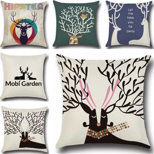 Cartoon Style Deer Cotton Linen Cushion Cover 45x45cm Pillow Cover Square Home Decorative Cushion Cover