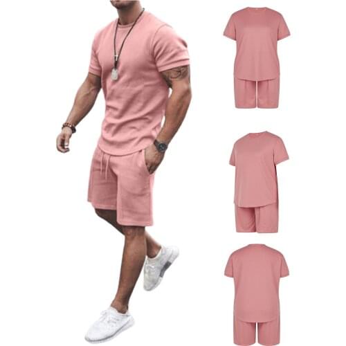 Hirigin Men 2 Pieces Short Suit Set Male Solid Color Round Neck Short Sleeve T-Shirt Drawstring Shorts with Pocket for Summer