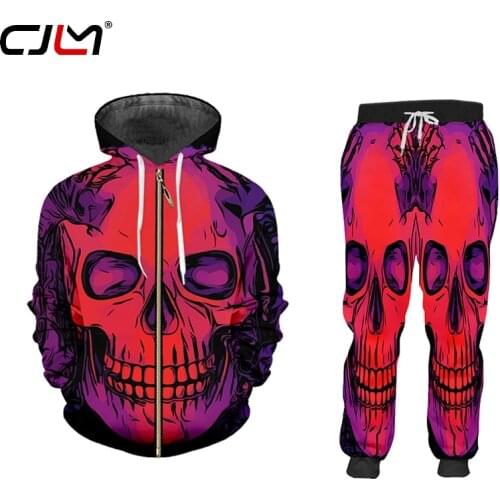 CJLM Men/Women 2 Pcs Sportsuit Sets Fashion Long Sleeve 3d Skull Print Hoodies+Pants Set Unisex Zipper Tracksuit Custom