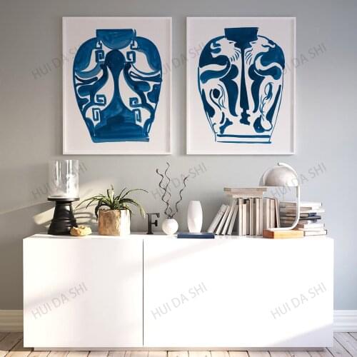 Blue and White Wall Art Set of Two Digital Prints, Abstract Navy Indigo Ink Drawing of Ginger Jar Diptych Decor Print Wall Art