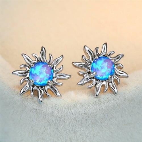 Charm Female White Blue Opal Stone Jewelry Cute Silver Color Small Stud Earrings For Women Dainty Bridal Sun Wedding Earrings