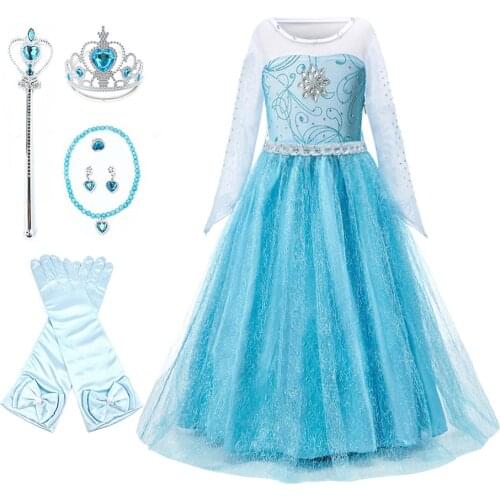 Girl Snow Queen Princess Dress for Birthday Elsa Fancy Costume Children Halloween Christmas Holiday Party Kids Clothes with Tail