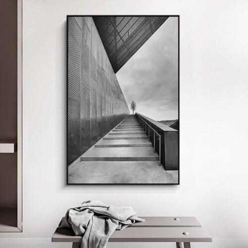 Simple and modern Nordic black and white building stair scenery porch sitting room mural poster print canvas decorative picture