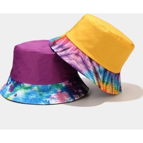 Splicing Tie Dye Flat Top FishermanS Hat Double Sided Collapsible Outdoor Sun Protection Women Basin Cap Summer Sunhat