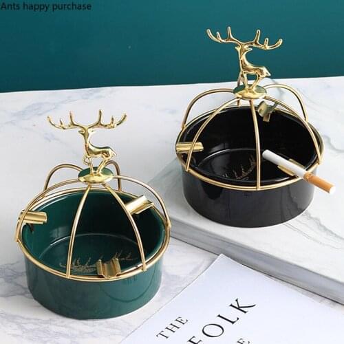 Deer Statue Castle Ceramics Ashtray Nordic Metal Round Soot Storage Box Home Use Desktop Furnishings Office Decoration Ashtray
