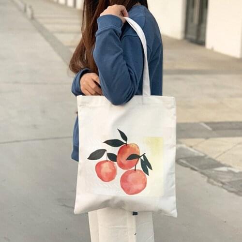Women Canvas Shoulder Bags Orange Printing Shopping Bags Eco Reusable Handbag Tote Students Schoolbags Black White