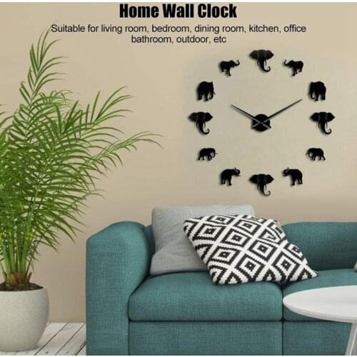 ABZS Unique Animal Shape Wall Clock Fashion DIY Acrylic Mirror Elephant Hanging Clock for Home Bedroom Living Room Black