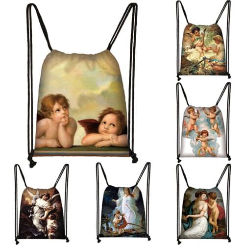 Vintage Little Angel Painting Backpack Women Casual Daypack Girls Drawstring Bags Ladies Storage Bags for Travel Shoes Holder