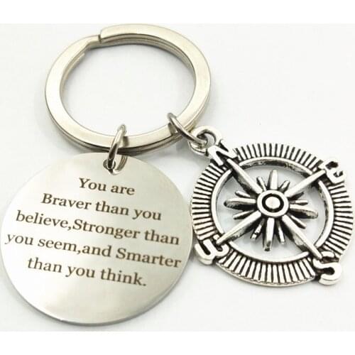 You are Braver than you believe Compass Pendant Exquisite Key Chain Jewelry Inspirational Stainless Steel Key Chain Jewelry