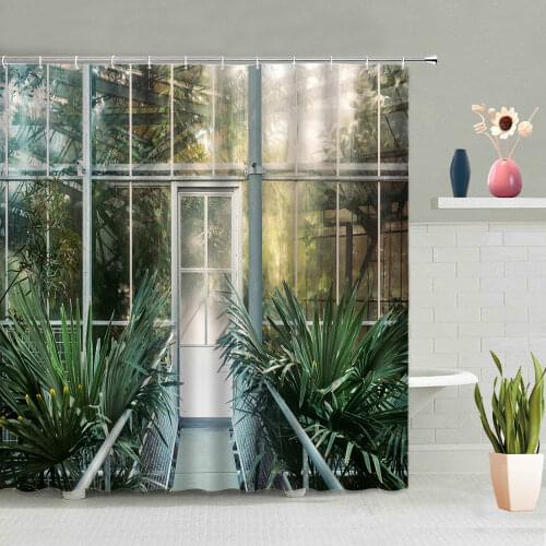 Summer Green Plant Shower Curtain Flower House Garden Scenery Wooden Door Pattern Printed Waterproof Bathroom Decor Bath Screen