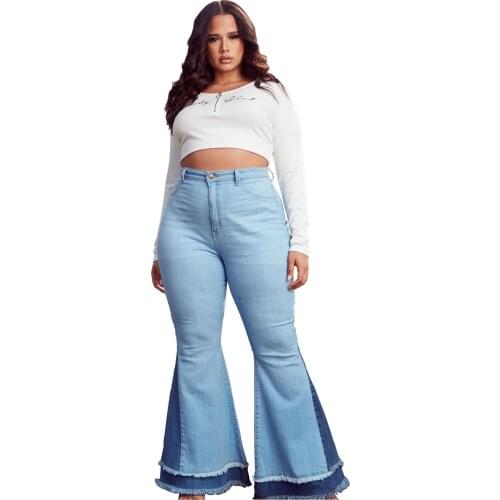 All-match Wide-leg Color-blocking Slim Stretch Flared Pants Blue Patchwork Jeans Pantalones De Mesclilla Para Mujer