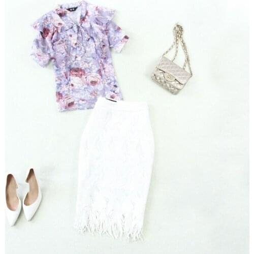 Two piece set Womens Summer New OL Temperament Set Chiffon Print Thin Short Sleeve Shirt + Hip Lace Skirt Set