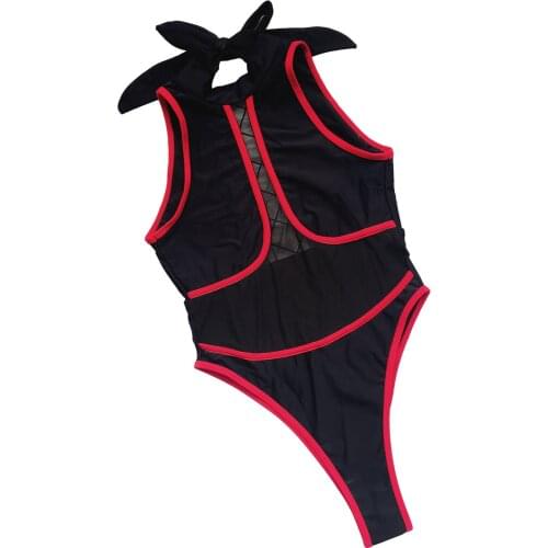 2021 Women Hollow Out Swimsuit Bikini Romper Backless Off-Shoulder No-Sleeve Lace Up Neck Hanging Beachwear Black Bikinis Set