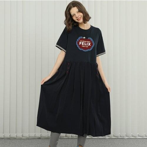 2021 New Design Women Summer Dress Cotton Stitching Chiffon Cartoon Cat Bow Loose Waist Girls' Dresses Oneck Sweet Cute