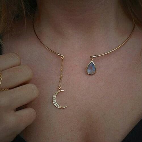 2021 INS Style Women Moon Water Drop Pendant Open Choker Necklace Elegant Crystal Cuff Collar Necklace Fashion Party Jewelry