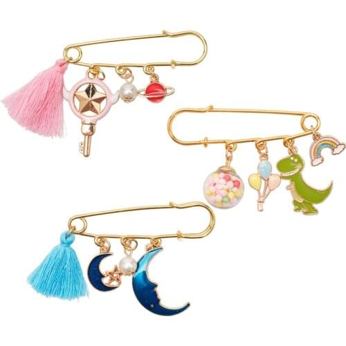 2021 New Brooch Buckle Pin Star Moon Tassel Pendant Brooches Dinosaur Charms Enamel pins Women Safety pin