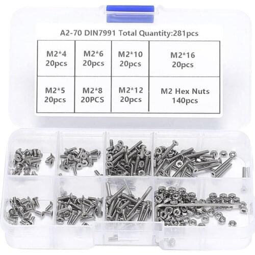 281Pcs Hex Socket Screw Nuts M2 Stainless Steel Full Thread Screws Bolt Assortment Kit, Cap Head / Sink Head / Flat Head