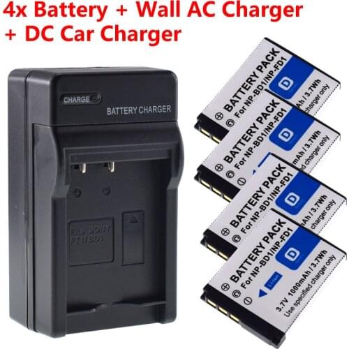 4 Battery + Home&Car Charger for Sony NP-BD1 FD1 Type D CyberShot DSC-T77 T90 T900 TX1 G3