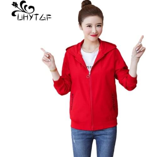 UHYTGF Casual Women Spring Autumn Jacket Fashion Hooded Student Thin Sportswear Loose Plus Size Coat Short Outerwear Female 2052