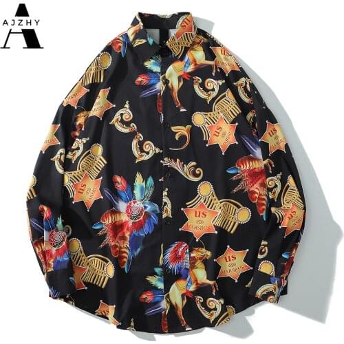 Long Sleeve Shirt Men Autumn Printing Fashions Streetwear Vintage Shirts Harajuku Hip Hop Loose Oversized Hawaiian Shirt Clothes