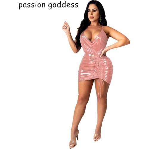 New 2021 Summer Women Sexy Spaghetti Strap Clubwear Shiny Dress Sleeveless V Neck Pink Pleated Bodycon Mini Club Party Dress