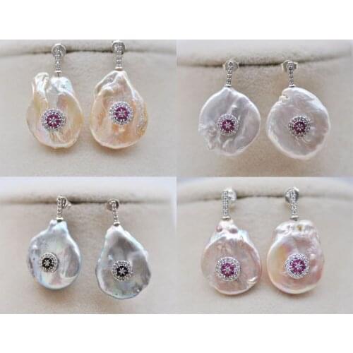P7487 20-25mm Coin Pearl CZ Stud White Gold Plated Earrings