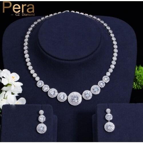 Pera Elegant Silver Color Bridal Wedding Party Classic 3 Big Round Cubic Zirconia Stone Jewelry Accessories Set For Brides J135