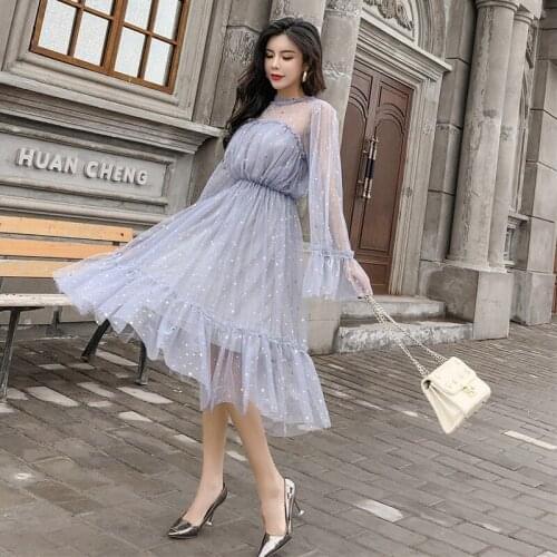 Autumn style fashion Womens Clothing blingbling mesh dress flare sleeve sequined perspective dresses vestidos femininos new