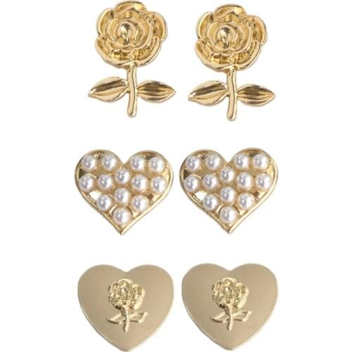 Korean Mini Gold Color Rose Flower Simulated Pearls Heart Shaped No Ear Hole Clip On Earrings Without Piercing