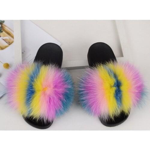 Woman Colorful Fur Slippers Ladies Fluffy Real Fox Fur Slides Summer Female Furry Raccoon Flip Flops Comfortable Outdoor Shoes