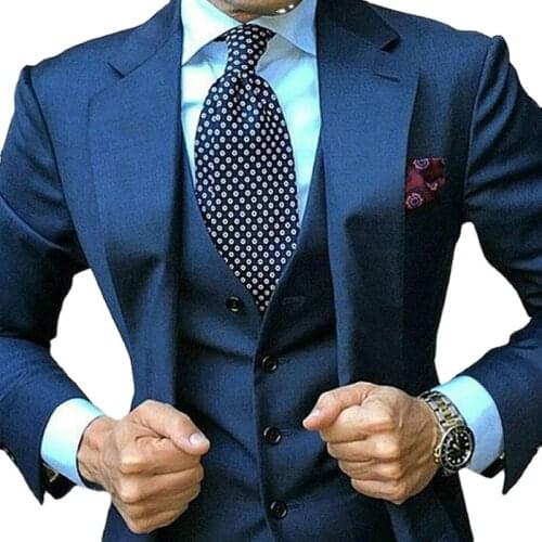 Navy Blue Men Suits for Wedding 3 Pcs Business Suit Blazer Peaked Lapel Costume Homme Terno Party Dress (Jacket Pants Vest)