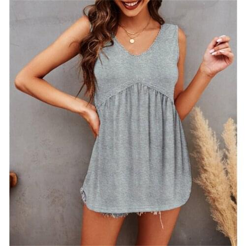 Fashion Women Summer Solid Color Tanks ,Patchwork Design Lace Decor V-Neck Sleeveless Backless Casual Loose Top for Streetwear