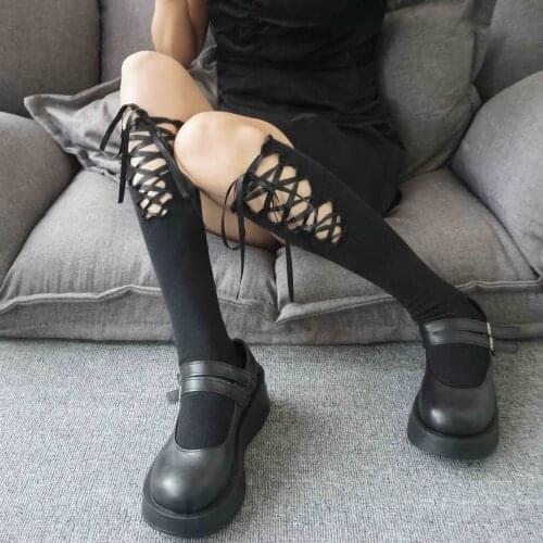 Japanese Female Girls Lace Cross Straps Tights Anime Cosplay Stockings Lolita Gothic Socks Long Knee Sexy Costume Stockings