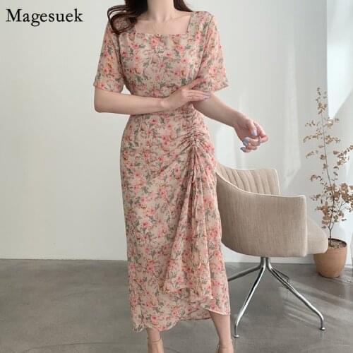 Korean Chic Elegant Square Collar Floral Dress Women Summer Short Sleeve Print Dresses Woman Slim Pleated Dress Vestidos 14536