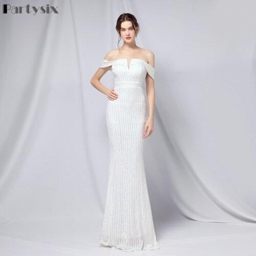 Partysix Women 2021 Sexy Off the Shoulder Sleeve Sequin Party Dress Evening Maxi Women Bodycon Prom Dress white