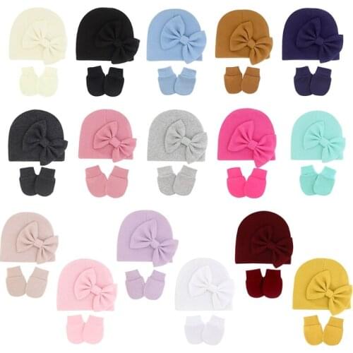 1 Set Newborn Beanie Hat Gloves Set Baby Bow Cap Mittens Kit Infants Autumn Winter Warm Cotton Head Wrap Glove Shower Gifts