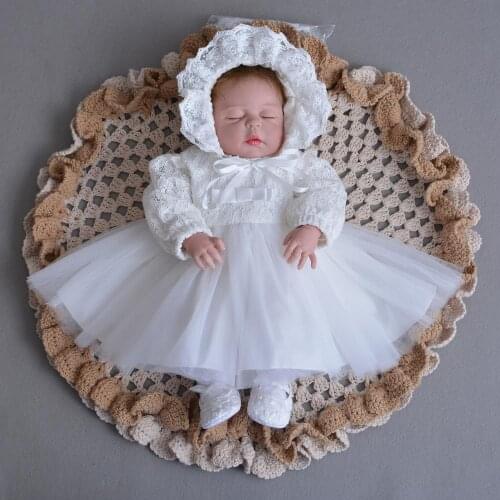 2Pcs Set Long Sleeve Baby Girl Gown Bow Newborn Infant Girl Princess Baptism Dress Toddler 1 Year Birthday Christening Clothes